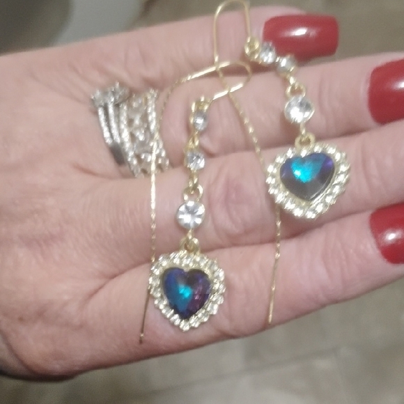 Jewelry - Gold and Blue Heart Drop Earrings